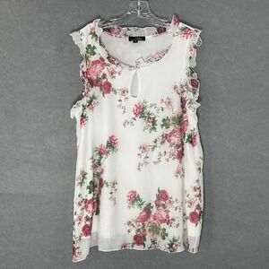 Suzanne Betro Top‎ Women Sz 1X White Floral Keyhole Lined Dainty Flowy Feminine